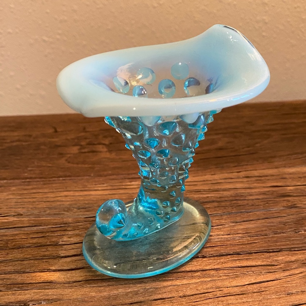 Fenton Blue Opalescent Hobnail Horn of Plenty 
Small Vase - Picture 2 of 8